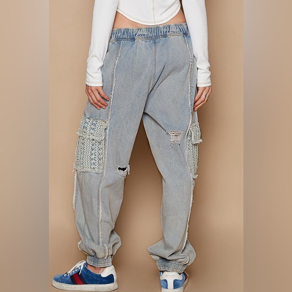 185B. Tie Waistband Cargo Denim Jogger - Blue Denim - Picture 3 of 6